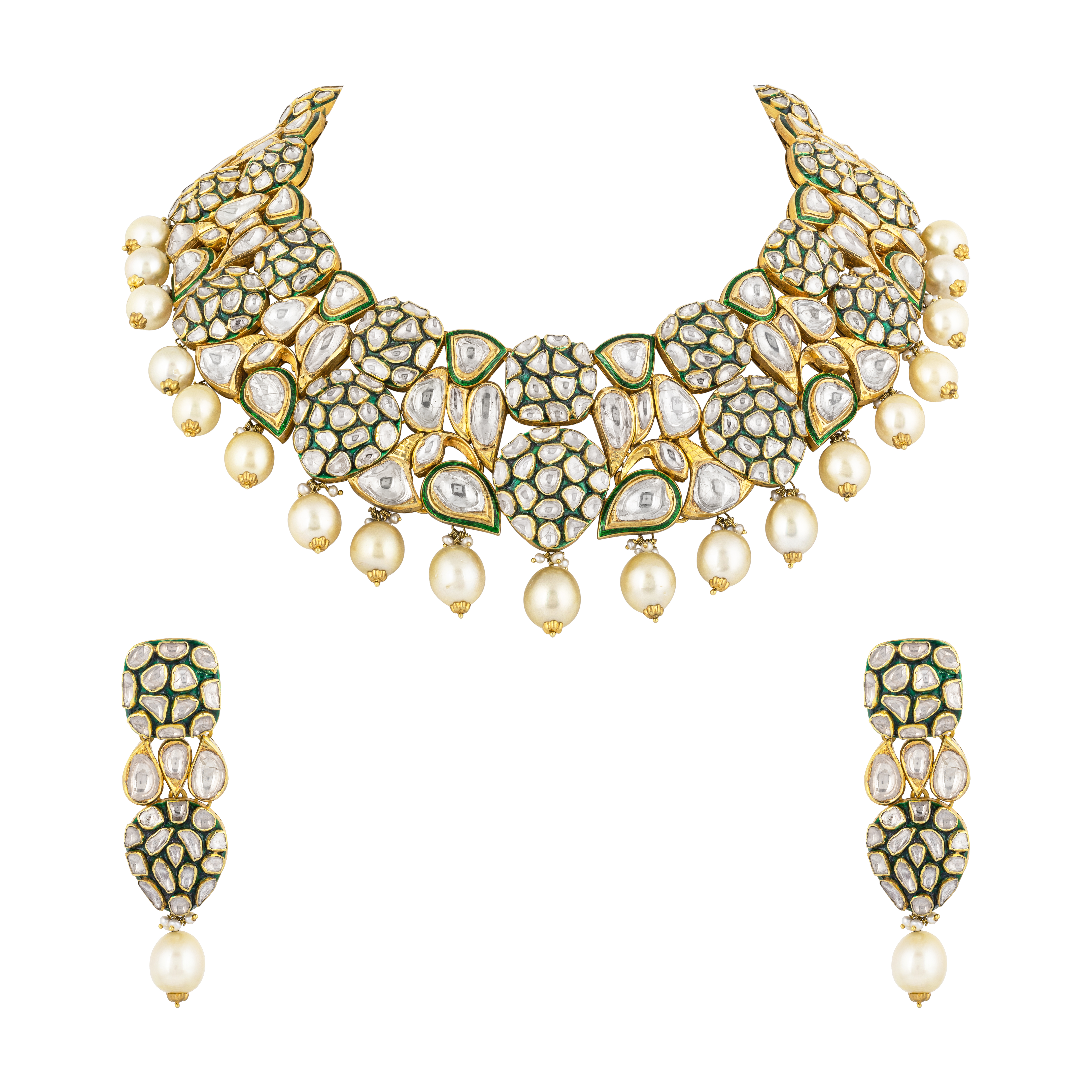 Polki Necklace Set with Pearl Drops & Green Enamel Cluster Polki